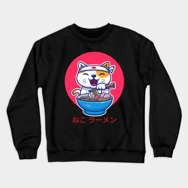 Neko Ramen, cat eating Ramen Crewneck Sweatshirt by JK Mercha